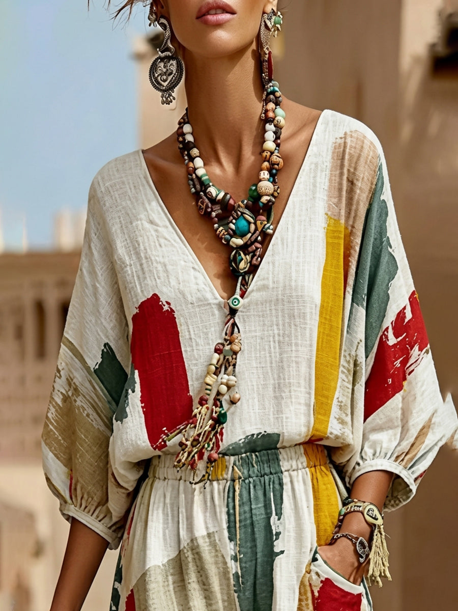 Loose Puff Sleeves Contrast Color Pleated V-Neck Blouses&Shirts Tops
