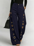 High Waisted Wide Leg Buttoned Hollow Pockets Solid Color Split-Joint Pants Trousers