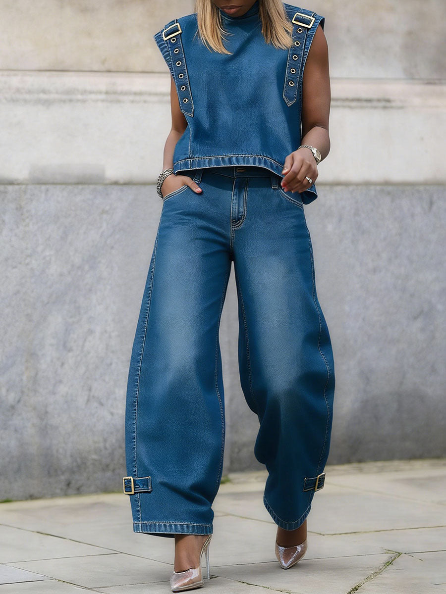 High Waisted Wide Leg Buckle Pockets Solid Color Jean Pants Bottoms