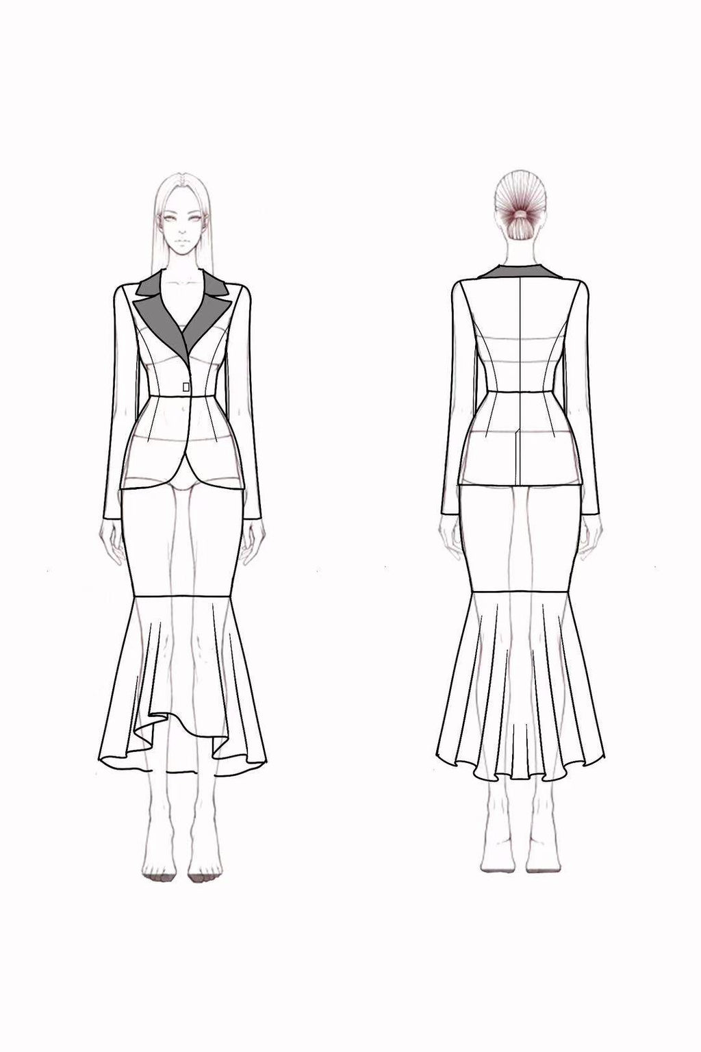 Suit Sets Black White Lapel Colorblock Mermaid Skirt Set