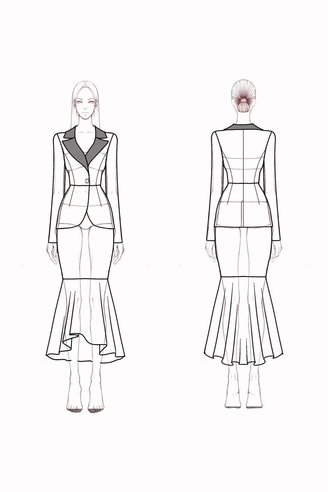 Suit Sets Black White Lapel Colorblock Mermaid Skirt Set