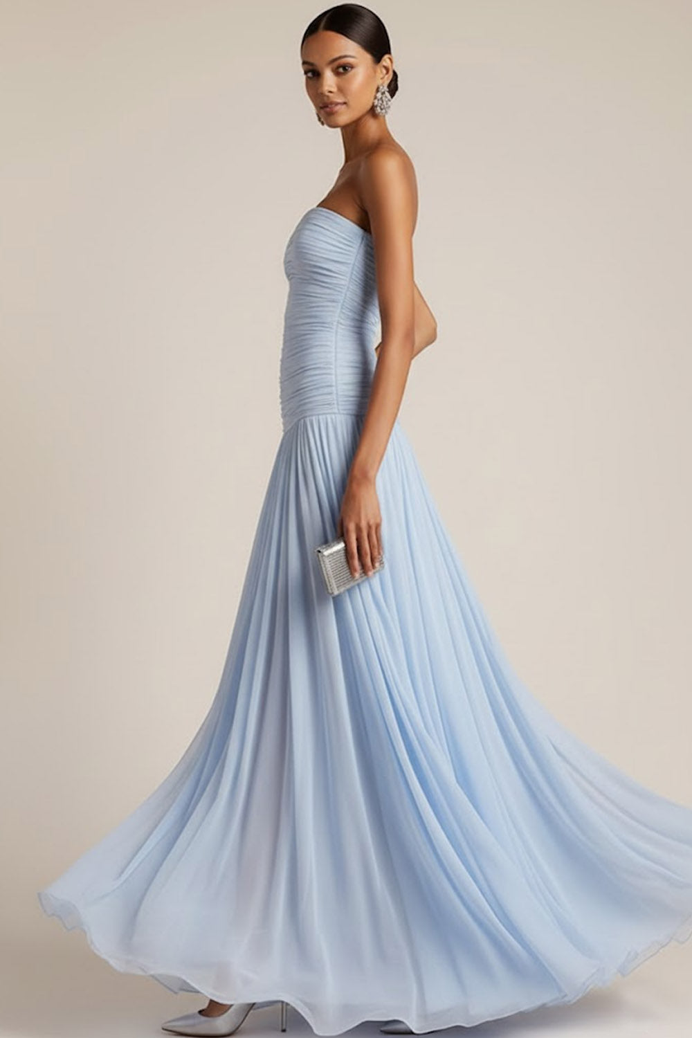 Light Blue Formal Wedding Bridesmaid Dress Strapless Chiffon Maxi Dress