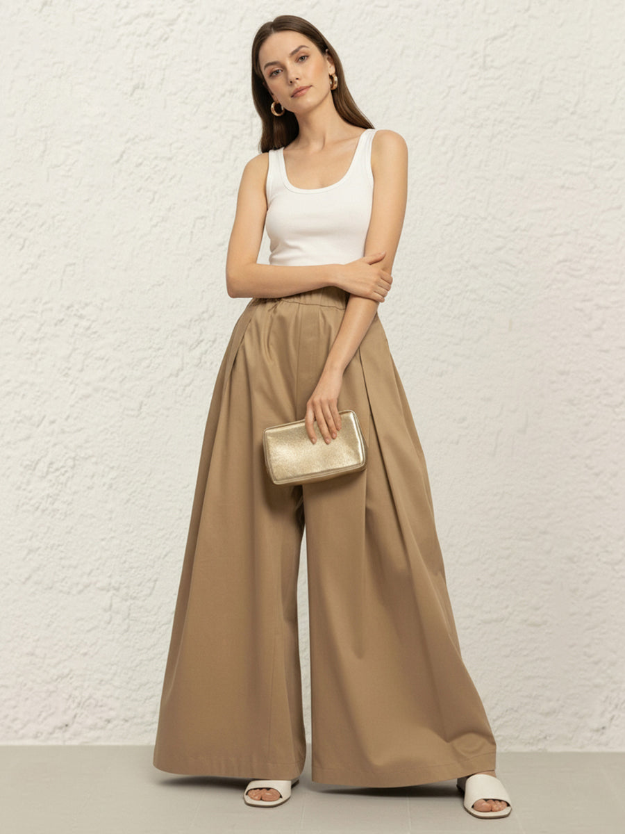 Elasticated Waist High Waisted Pleated Pockets Solid Color Pants