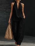 Loose Solid Color V-Neck Sleeveless Vest Top + Pockets Pants Trousers Two Pieces Set