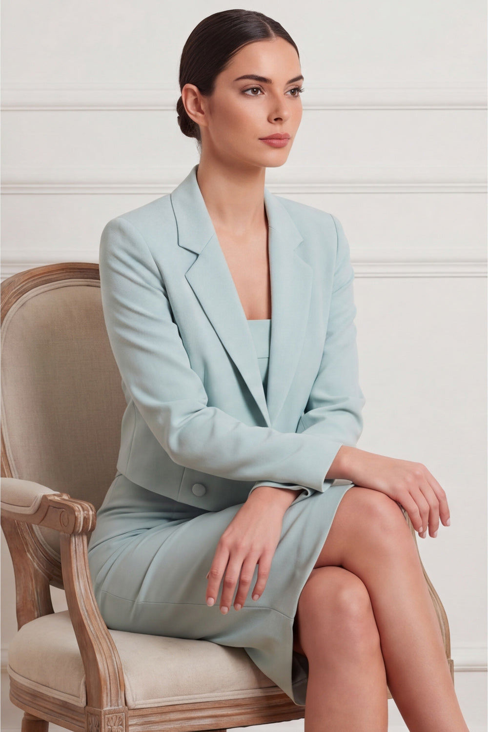 Lake Blue Work Suit Sets Lapel Long Sleeve Bodycon Midi Skirts Set