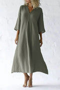 Casual Vacation Linen Dress Green V-Neck Breathable Midi Dress
