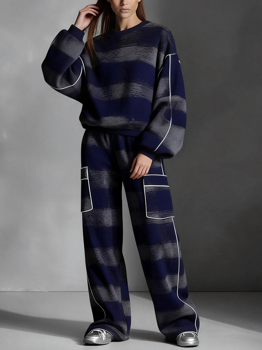 Loose Wide Leg Contrast Color Line Pockets Split-Joint Striped Pants