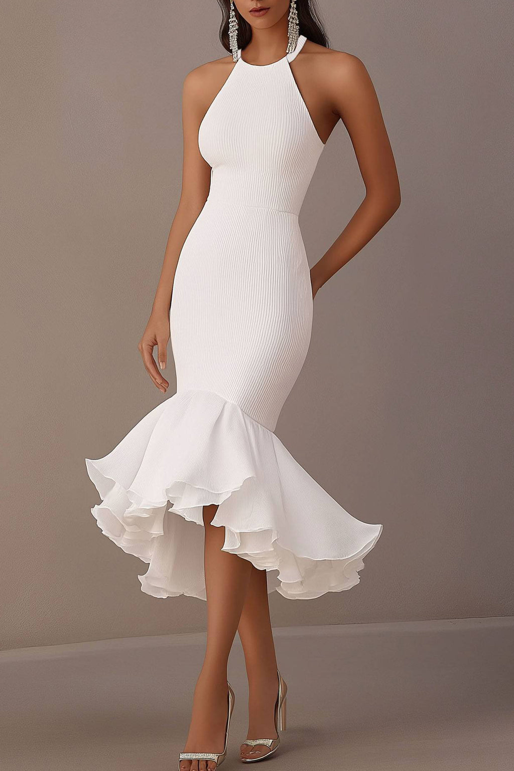 Cocktail Party Halter Neck Dress White Fitted Mermaid Midi Dress