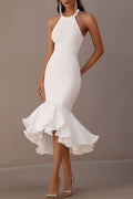 Cocktail Party Halter Neck Dress White Fitted Mermaid Midi Dress