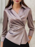 Three-Quarter Sleeves Buttoned Pleated Solid Color Lapel Blouses&Shirts Tops