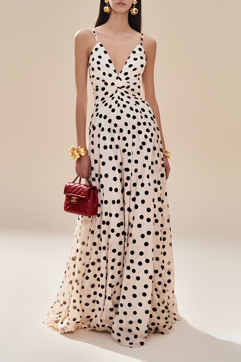 Vacation Party White Dress Spaghetti Strap Black Polka Dot Maxi Gown