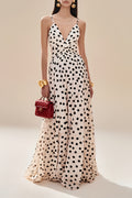Vacation Party White Dress Spaghetti Strap Black Polka Dot Maxi Gown