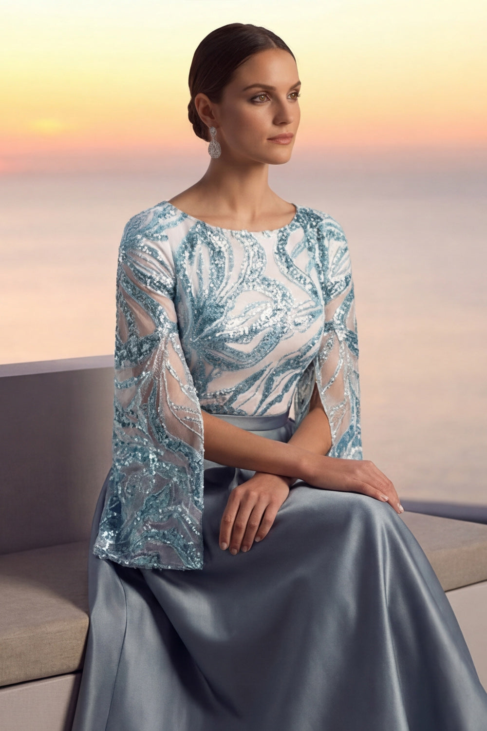 Dusty Blue Wedding Guest Dress A-Line Crew Neck Sequin Maxi Dress