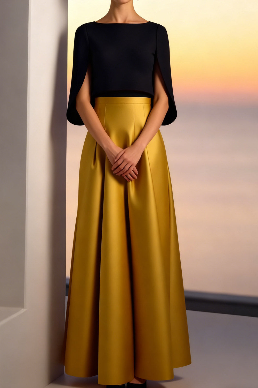 Evening Formal Dress Golden A-Line Crew Neck Satin Maxi Dress