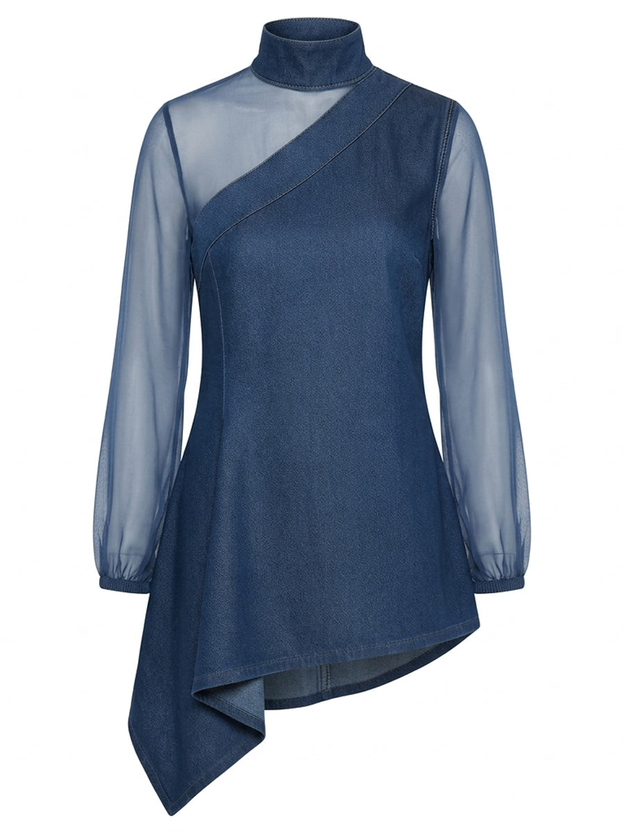Long Sleeves Puff Sleeves Asymmetric Mesh Split-Joint Mock Neck Blouses&Shirts Tops