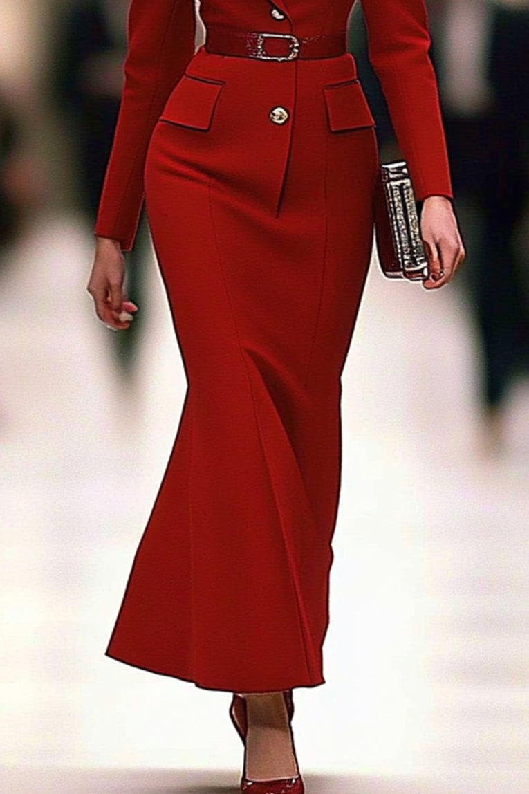 Work Business Blazer Dress Red V Neck Lapel Sheath Maxi Dress