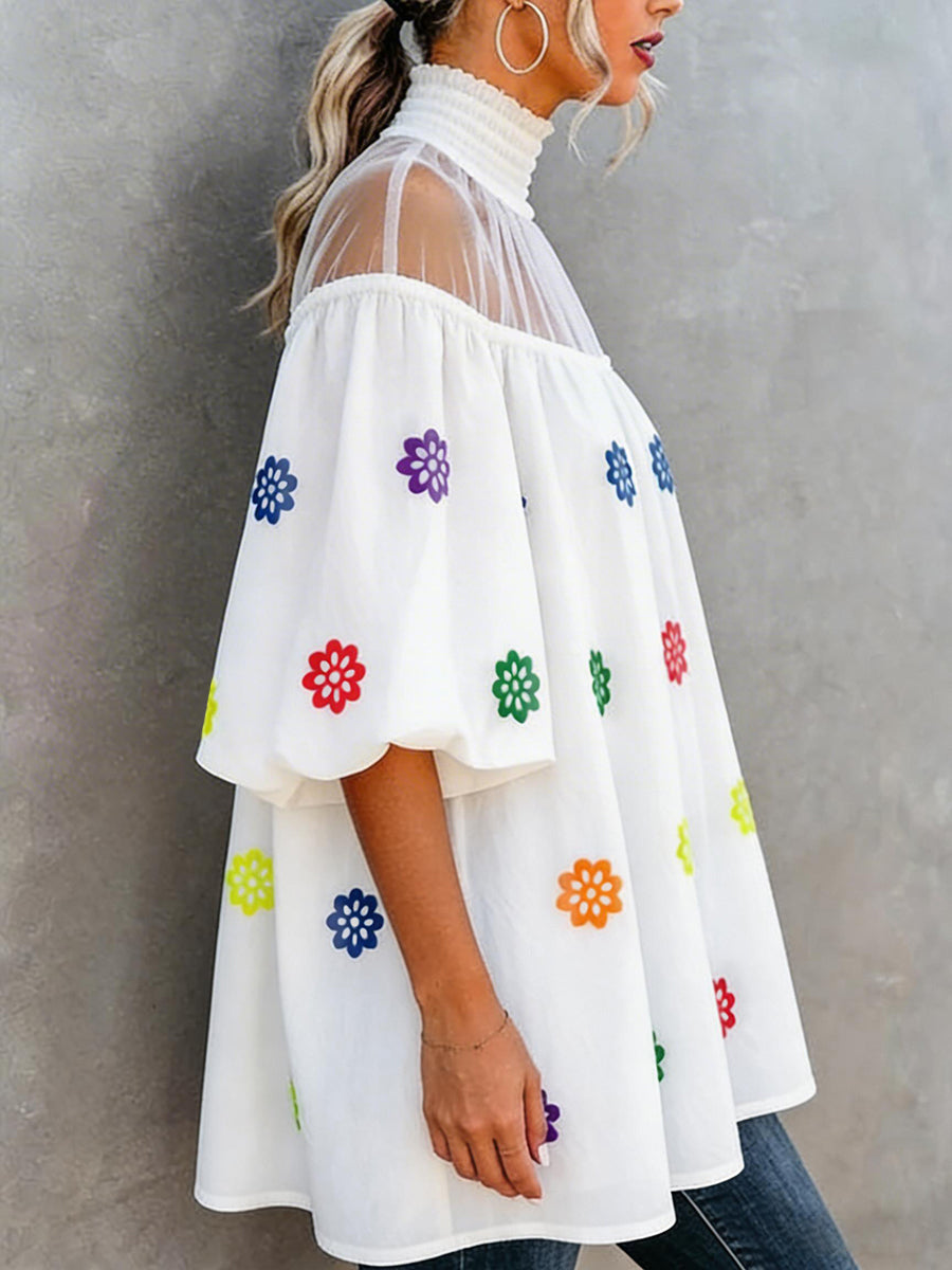 A-line Flared Sleeves Contrast Color Flower Print Pleated See-Through Split-Joint High Neck Blouses&shirts Tops
