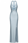 Light Blue Formal Evening Dress Cowl Neck Satin Maxi Dress with Slit