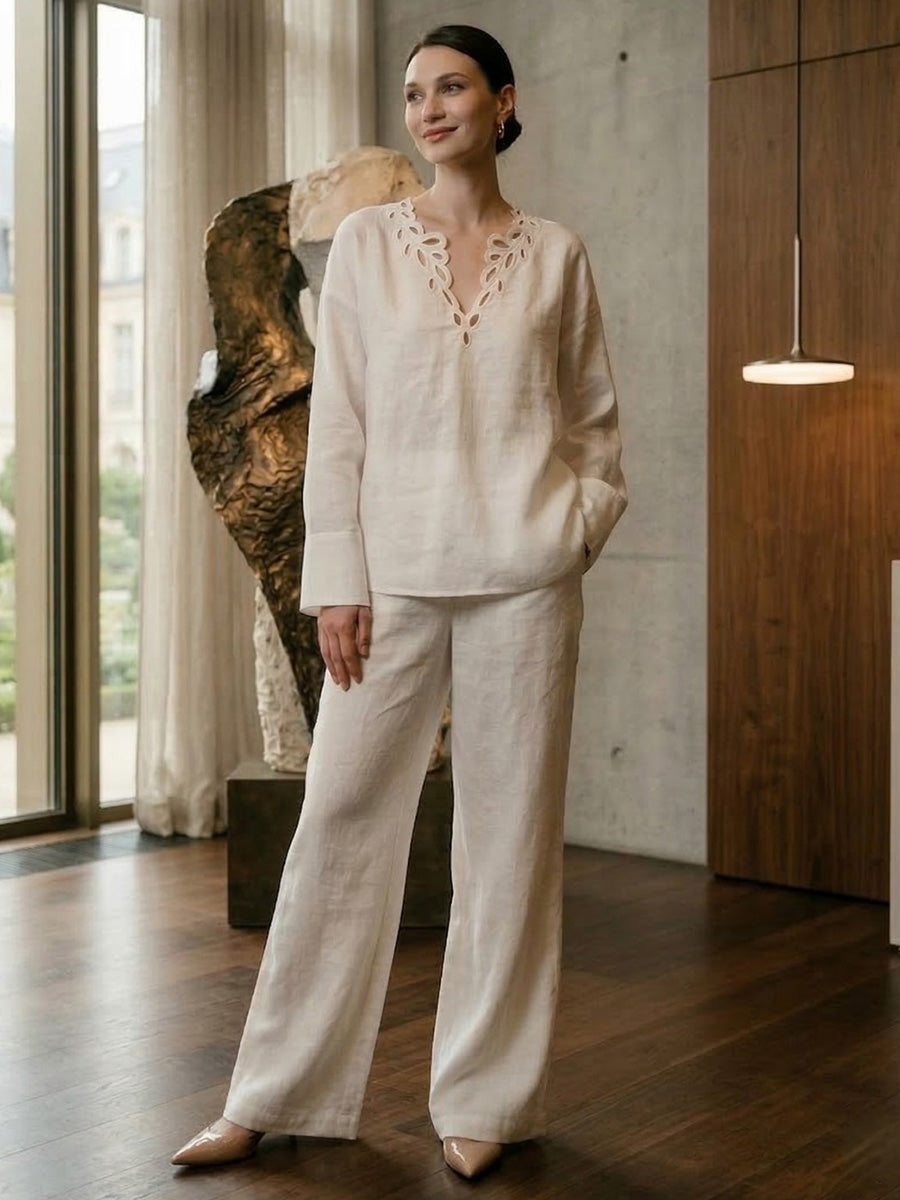 Long Sleeves Loose Hollow Solid Color V-Neck Blouses&Shirts Tops