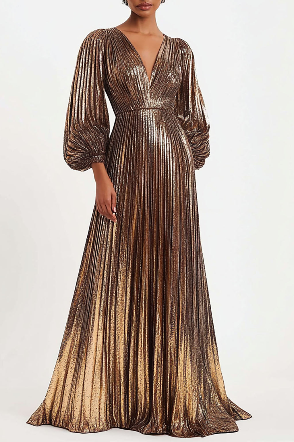 Elegant Pleated Metallic Dress Deep V Neck Puff Sleeve Maxi Dress