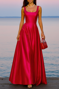 Formal Evening Dress Red Square Neck Wide Strap A-Line Maxi Dress