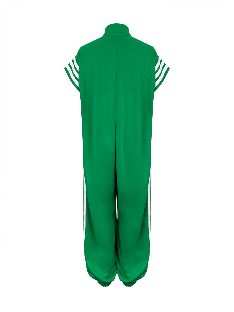 Loose Plus Size Contrast Color Pockets Split-Joint Striped Zipper Stand Collar Jumpsuits Ninth Pants
