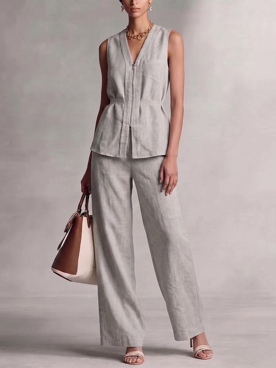 High Waisted Wide Leg Pockets Solid Color Pants Trousers