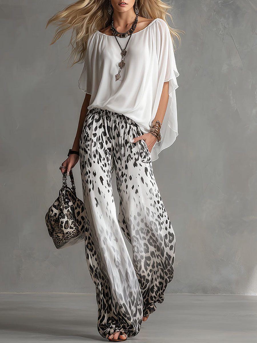 Loose Wide Leg Elasticity Gradient Leopard Pockets Trousers Wide Leg Pants