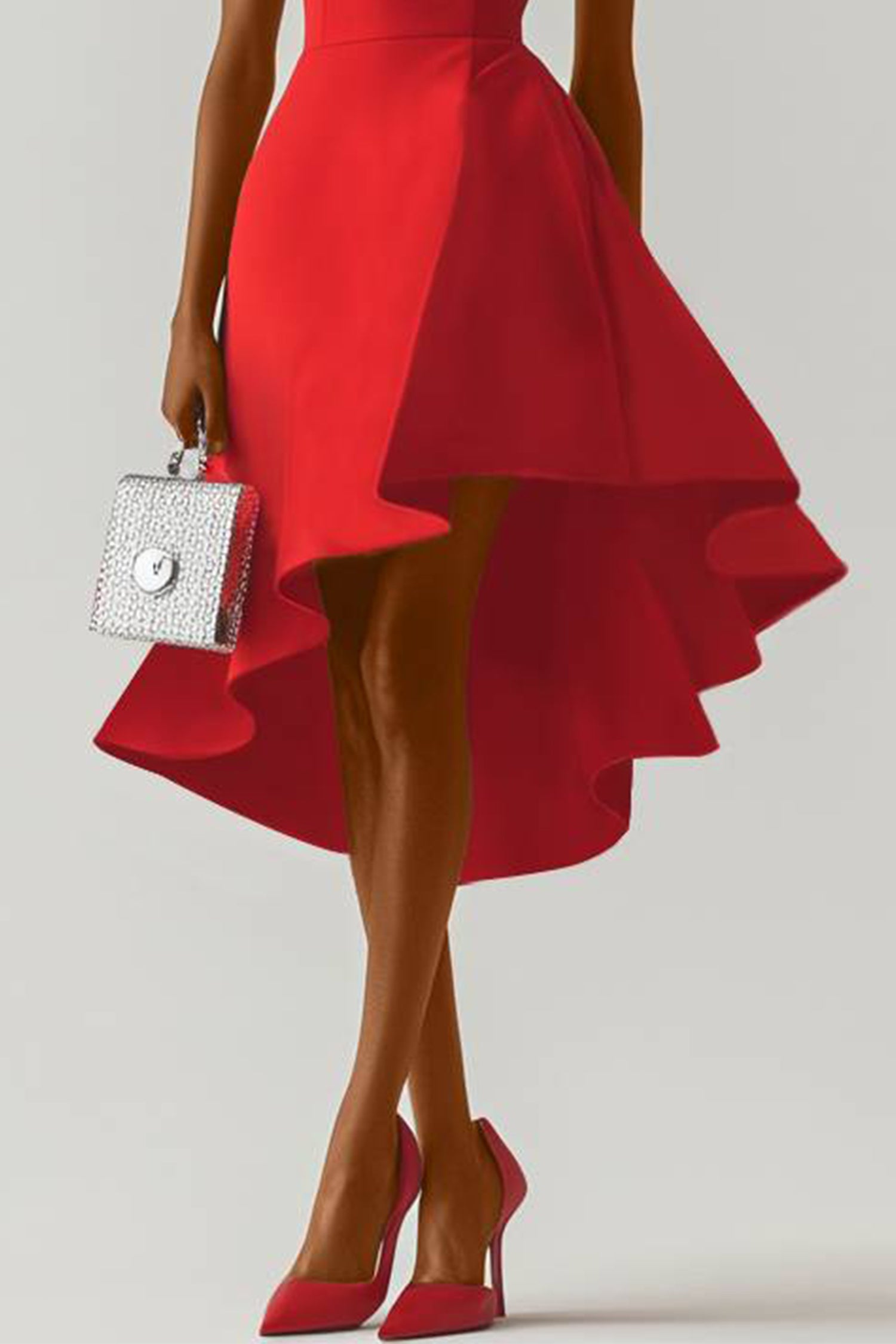 Cocktial Party Red Dress Sleeveless Boat Neck Asymmetrical Midi Dress