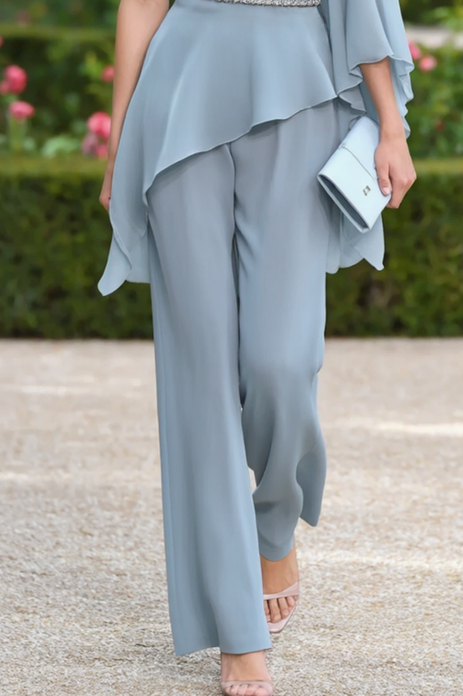Outfit Sets Blue One Shoulder Belted Chiffon Pants Set