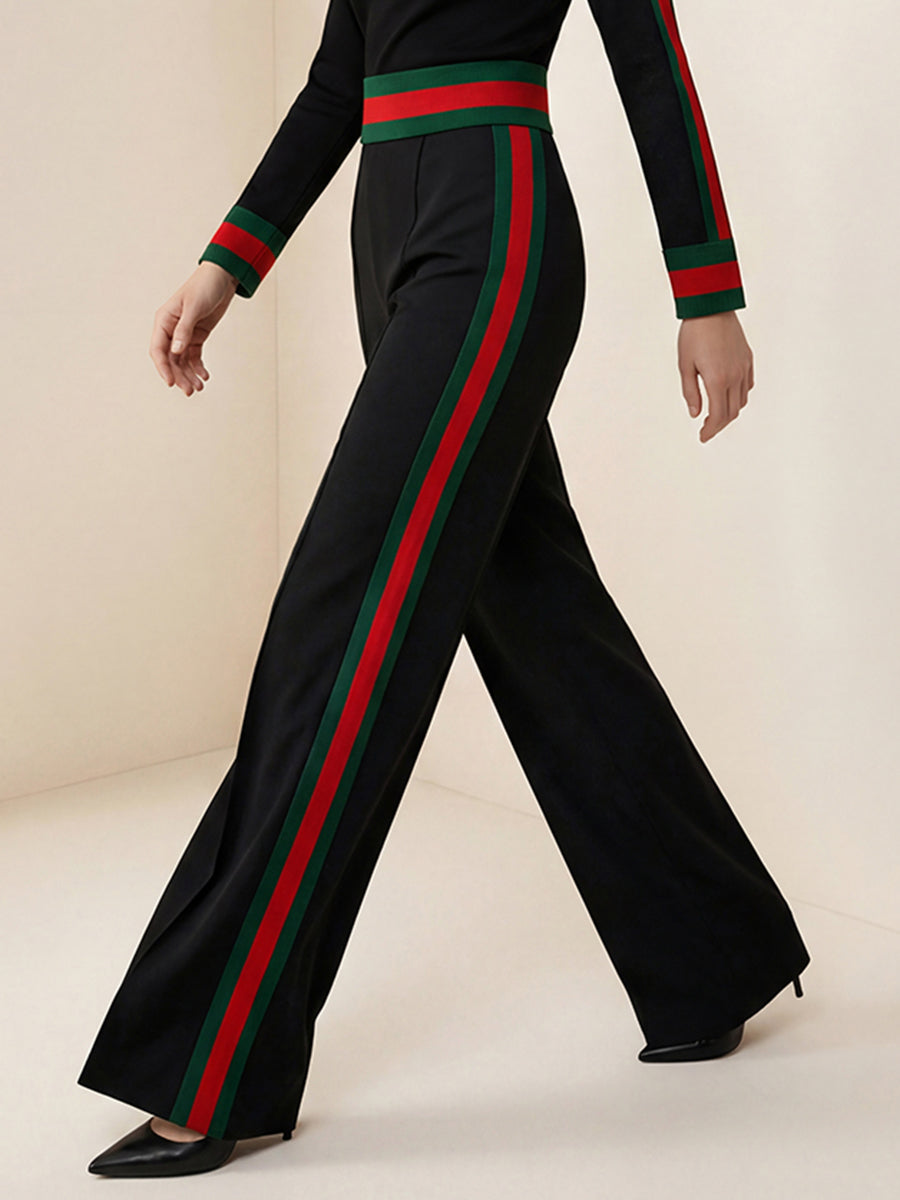 Loose Wide Leg Contrast Color Pockets Split-Joint Striped Pants