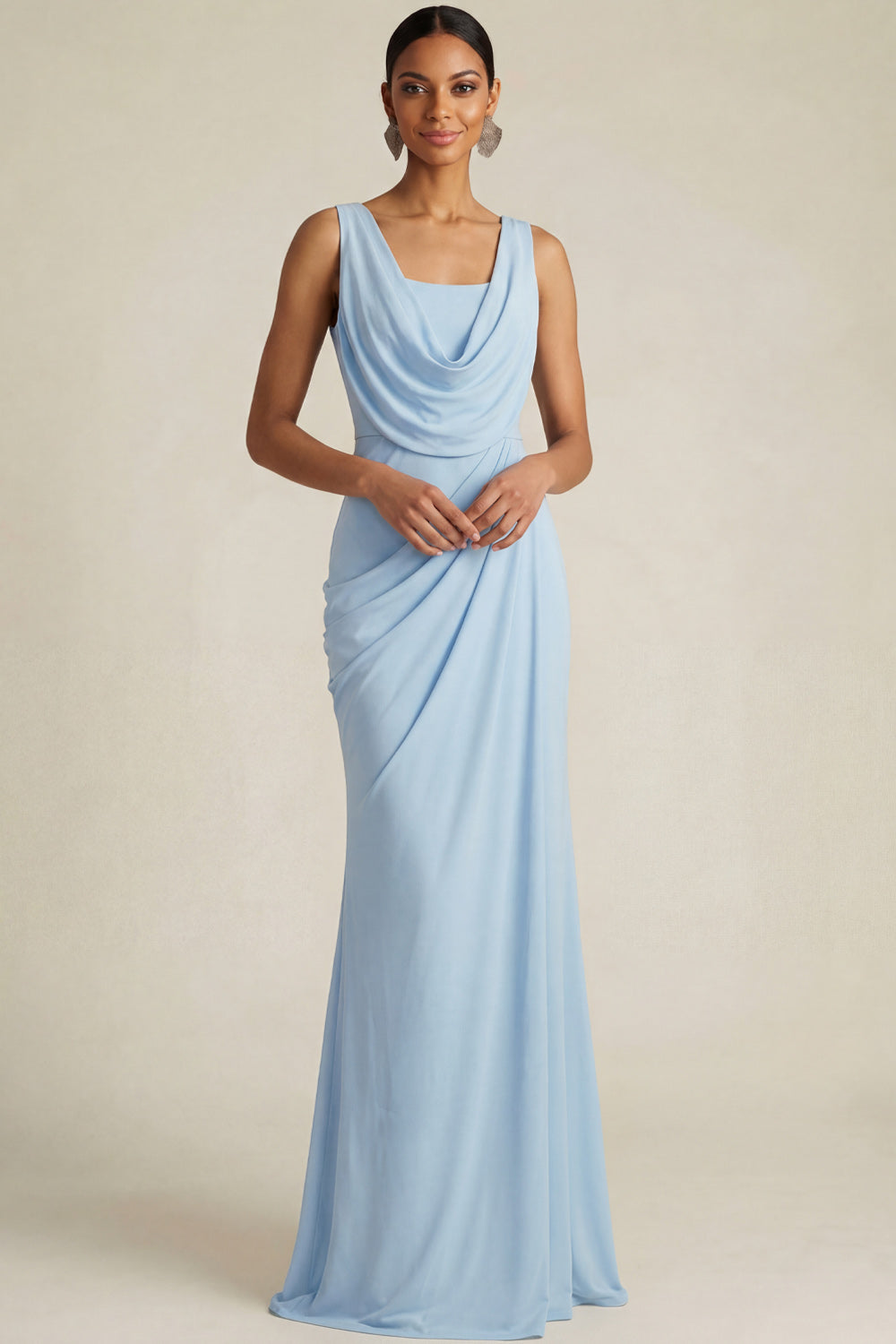 Sky Blue Formal Wedding Bridesmaid Dress Cowl Neck Chiffon Maxi Dress
