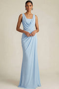 Sky Blue Formal Wedding Bridesmaid Dress Cowl Neck Chiffon Maxi Dress