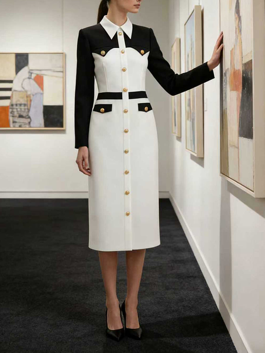 Long Sleeves Buttoned Contrast Color Split-Joint Lapel Midi Dresses
