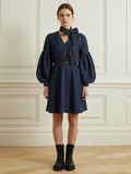 Long Sleeves Puff Sleeves Belted Bow-Embellished Solid Color V-Neck Mini Dresses