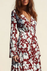 Casual Floral Dress Red Deep V Long Sleeve Maxi Dress