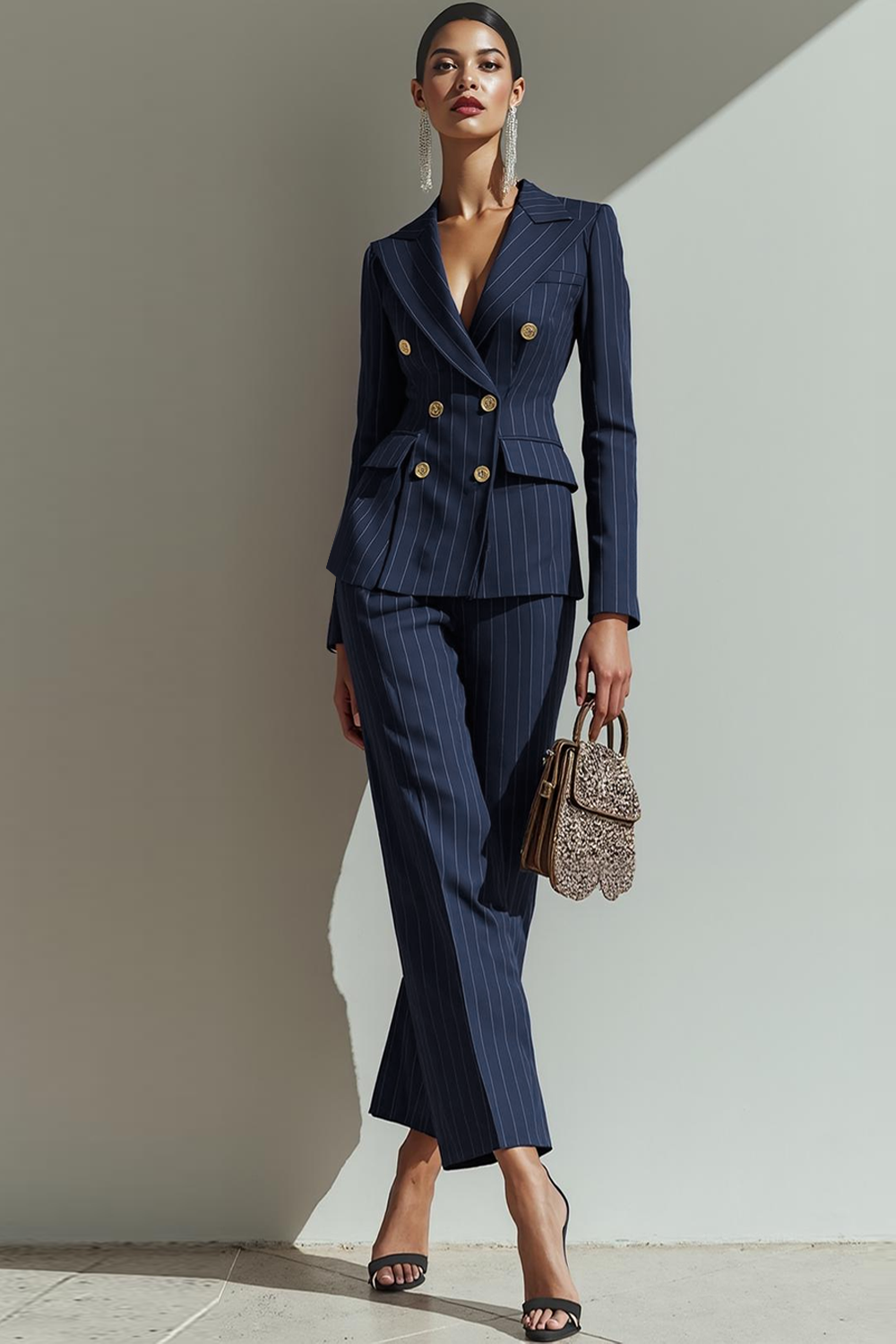 Work Outfit Sets Navy V-Neck Long Sleeve Pants Set