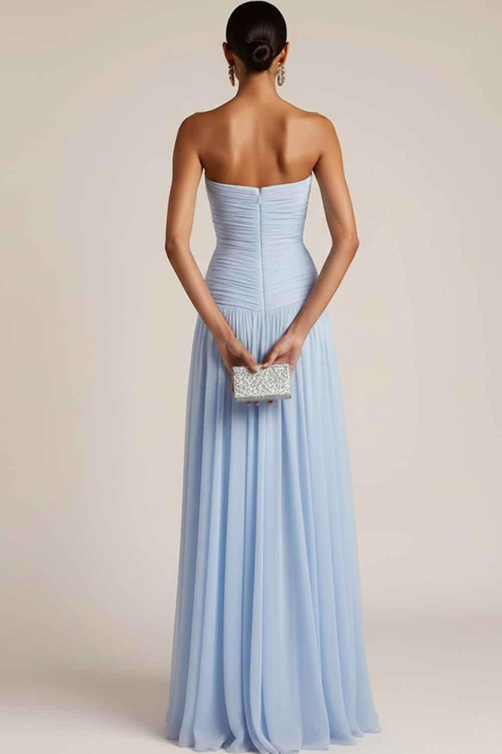 Light Blue Formal Wedding Bridesmaid Dress Strapless Chiffon Maxi Dress