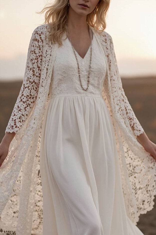 Vacation Lace Dress Set Long Sleeve Cardigan V-Neck Maxi Dress Set
