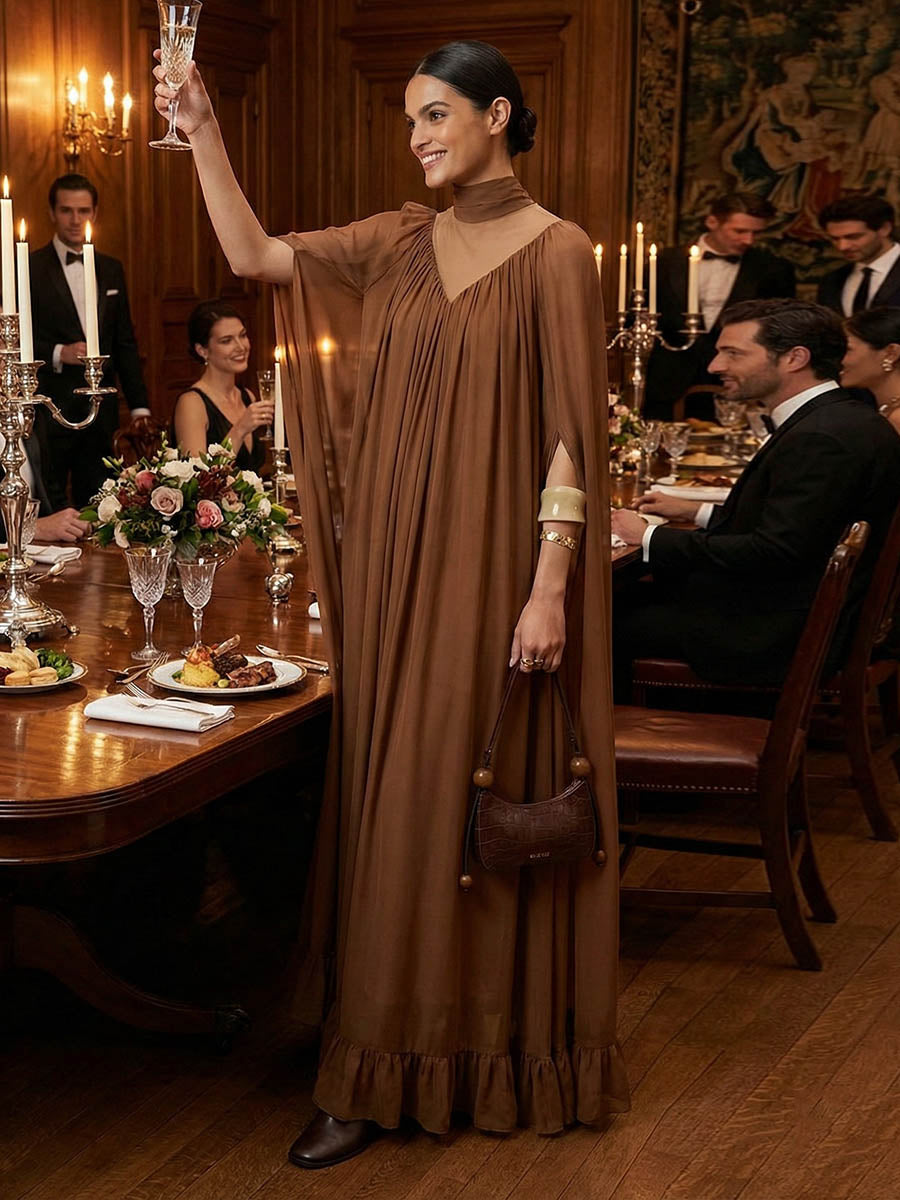 Cape Irregularity Layered Pleated Ruffled See-Through Solid Color Split-Joint High Neck Maxi Dresses