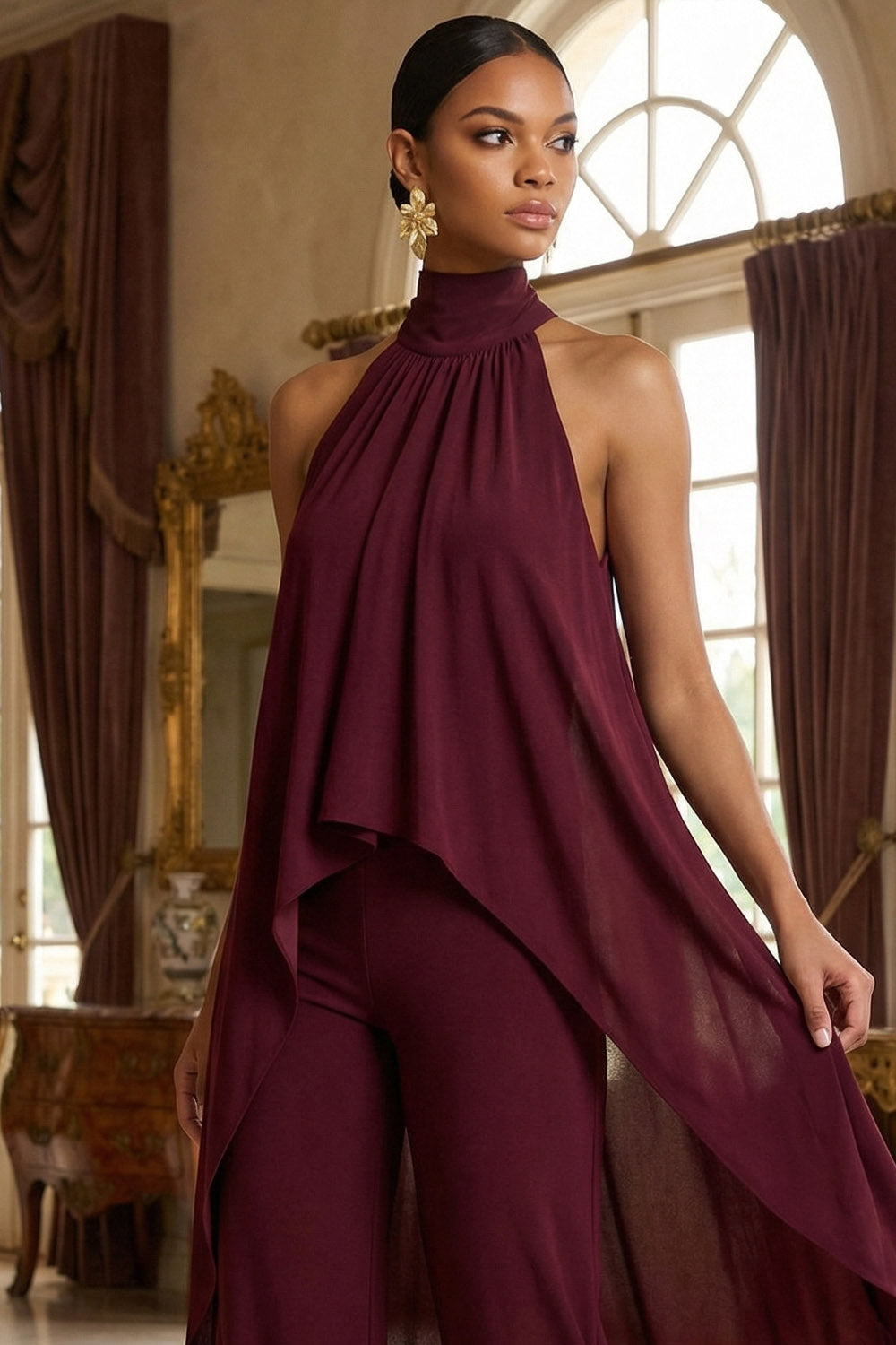 Burgundy Casual Outfit Set Halter Chiffon Pants Set