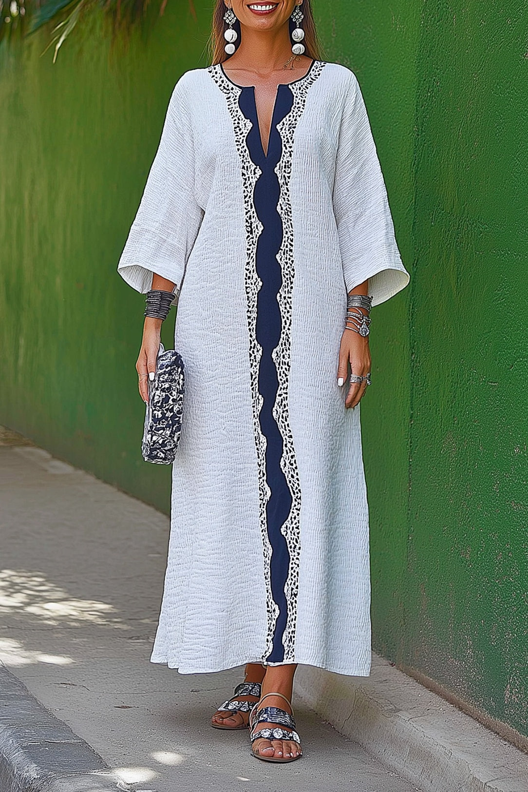 Casual Linen Dress White Blue Color-Block V-neck Loose Maxi Dress