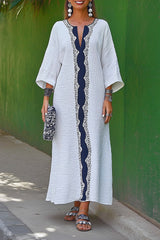 Casual Linen Dress White Blue Color-Block V-neck Loose Maxi Dress