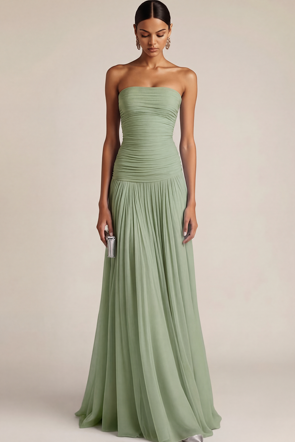 Light Blue Formal Wedding Bridesmaid Dress Strapless Chiffon Maxi Dress