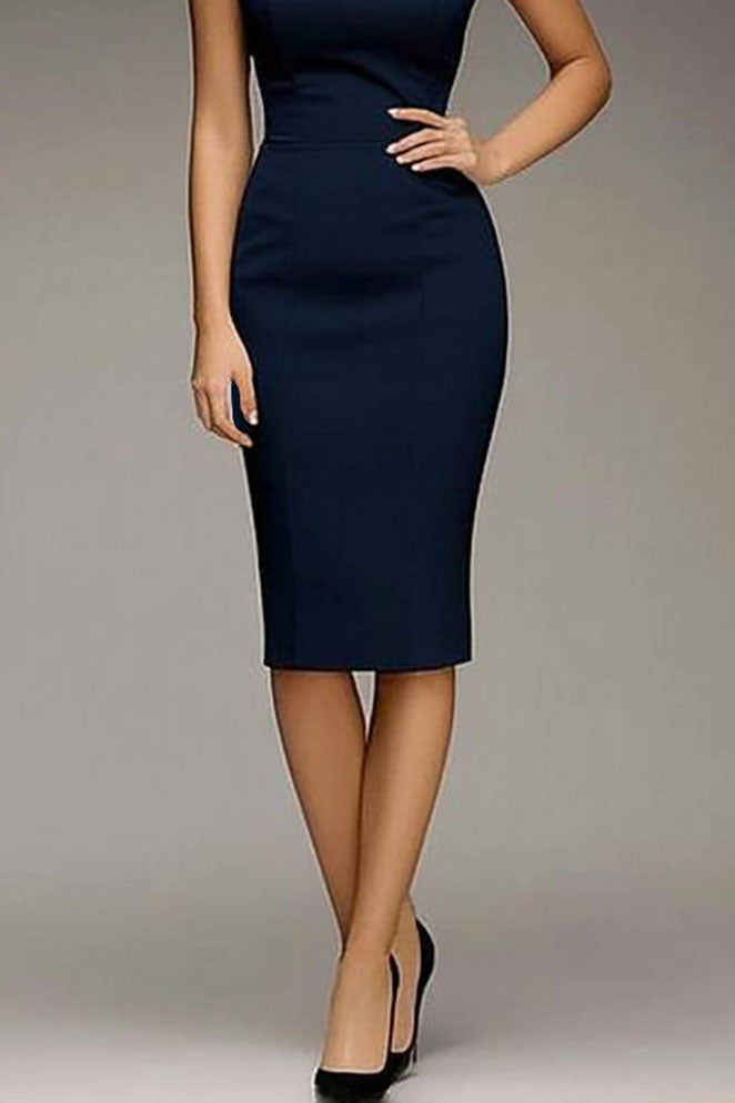 Work Semi-Formal Dress Navy Asymmetrical Neck Fitted Knee-Length Dress
