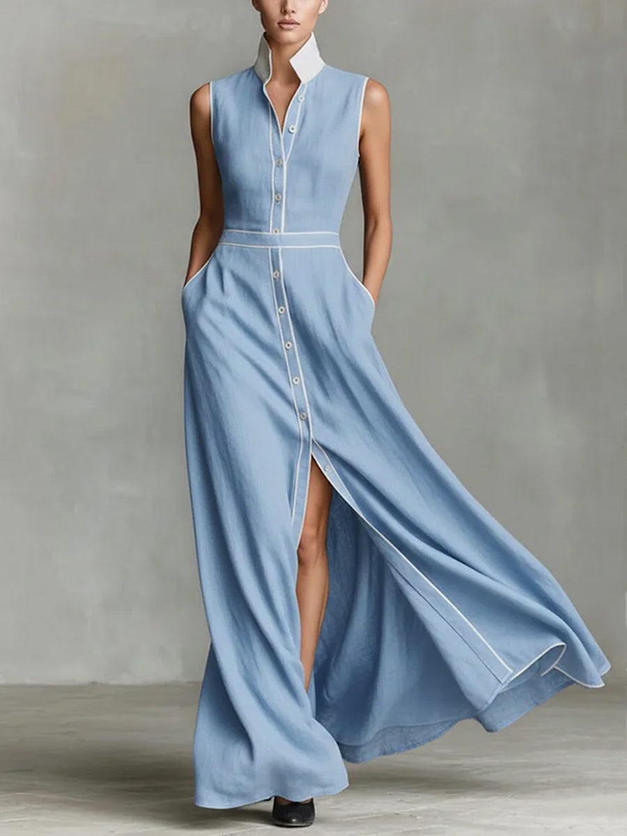 A-Line High Waisted Buttoned Contrast Color Pockets Split-Joint Lapel Maxi Dresses
