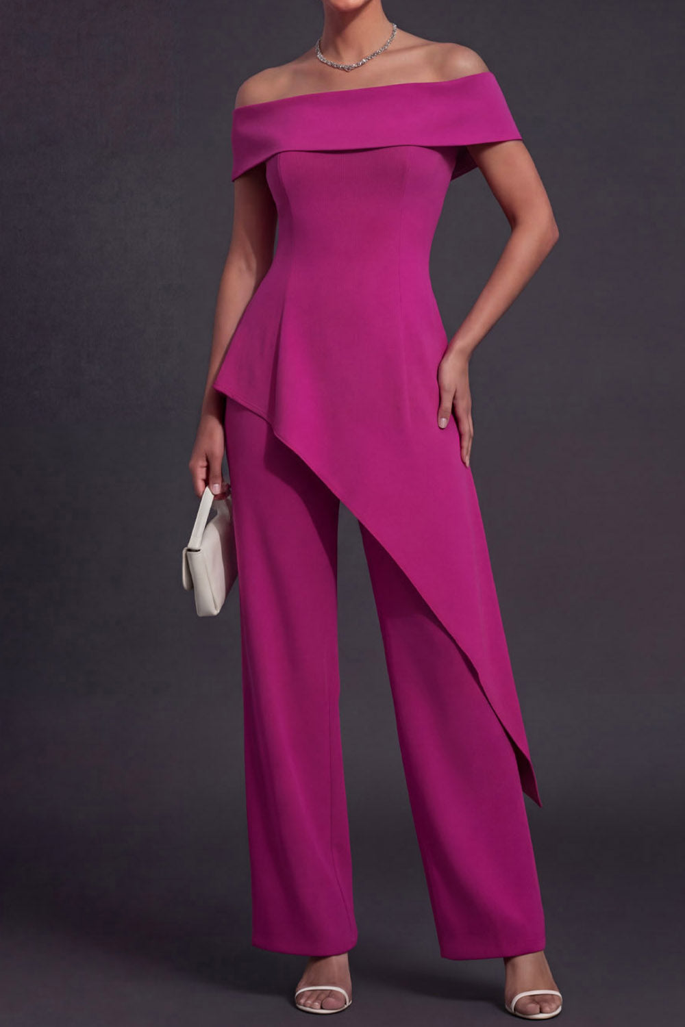Fuchsia Casual Suit Set Off the Shoulder Two-Piece Pants Set