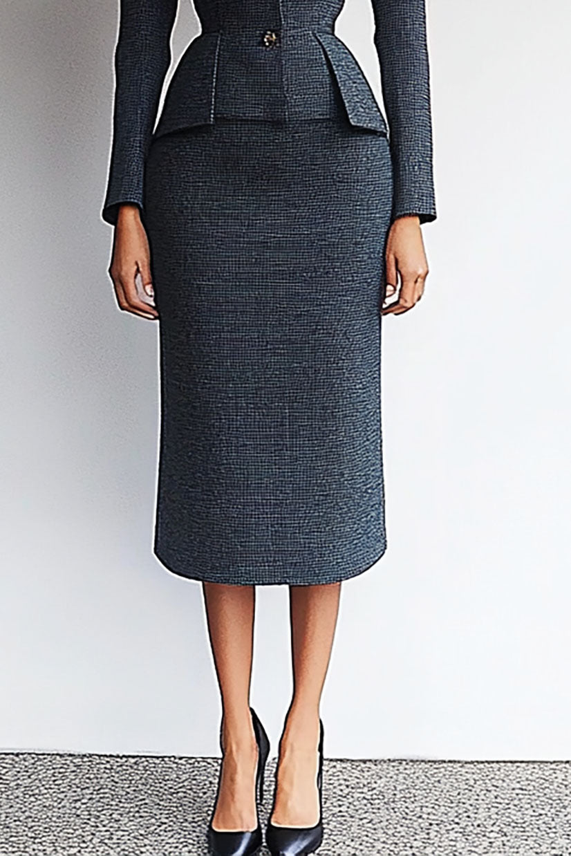 Work Suit Set Gray Stand Collar Tweed Long Sleeve Midi Skirt