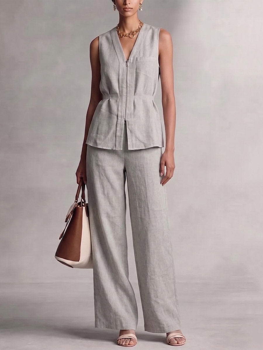 High Waisted Wide Leg Pockets Solid Color Pants Trousers