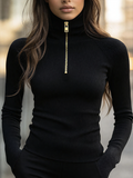 Long Sleeves Skinny Solid Color Zipper High Neck Pullovers